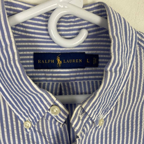 Ralph Lauren Men's Large Short Sleeve Button Up Seersucker Striped Shirt Preppy - Picture 4 of 6